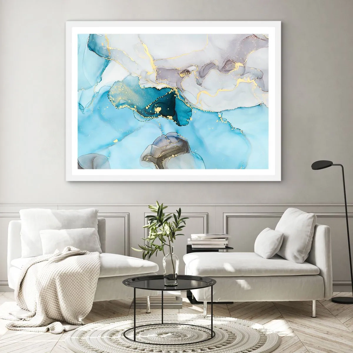 Plakat w białej ramie - Studium spotkania szarości z turkusem - 70x50 cm