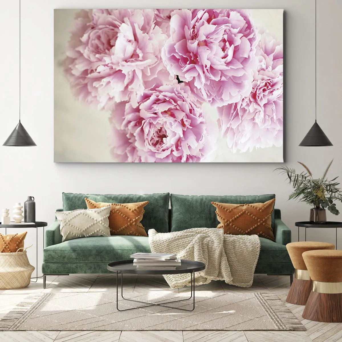 Obraz na płótnie - Bukiet różowych piwonii na jasnym tle - 70x50cm - W różowym przepychu - Nowoczesna dekoracja ścienna do salonu i sypialni ARTTOR