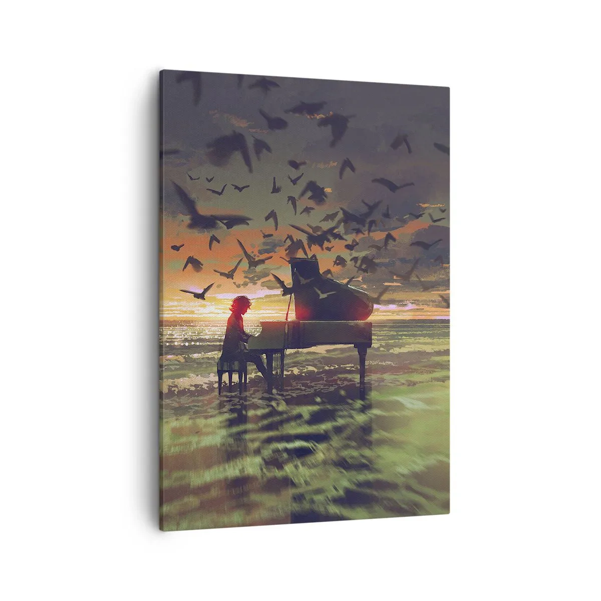 Obraz na płótnie - Silhouette pianisty grającego na fortepianie w morzu o zachodzie słońca - 50x70cm - Koncert na fortepian i fale - Nowoczesna dekoracja ścienna do salonu, kuchni i sypialni ARTTOR