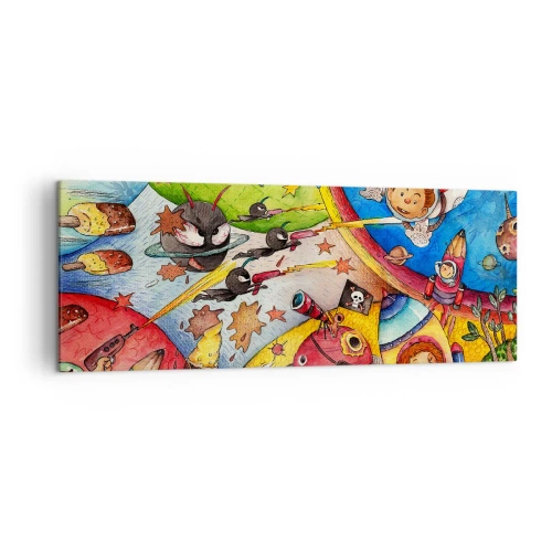 Obraz na płótnie - Kolorowa scena kosmiczna pełna dzieci i statków kosmicznych - 140x50cm - Wielka kosmiczna przygoda - Nowoczesna dekoracja ścienna do salonu i sypialni ARTTOR