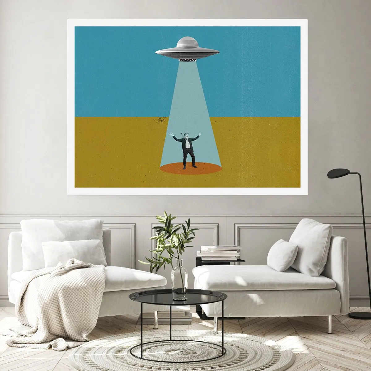 Plakat - Człowiek w świetle UFO na tle kolorowego pejzażu - 100x70cm - Bliskie spotkanie - Nowoczesna dekoracja ścienna do salonu i sypialni ARTTOR