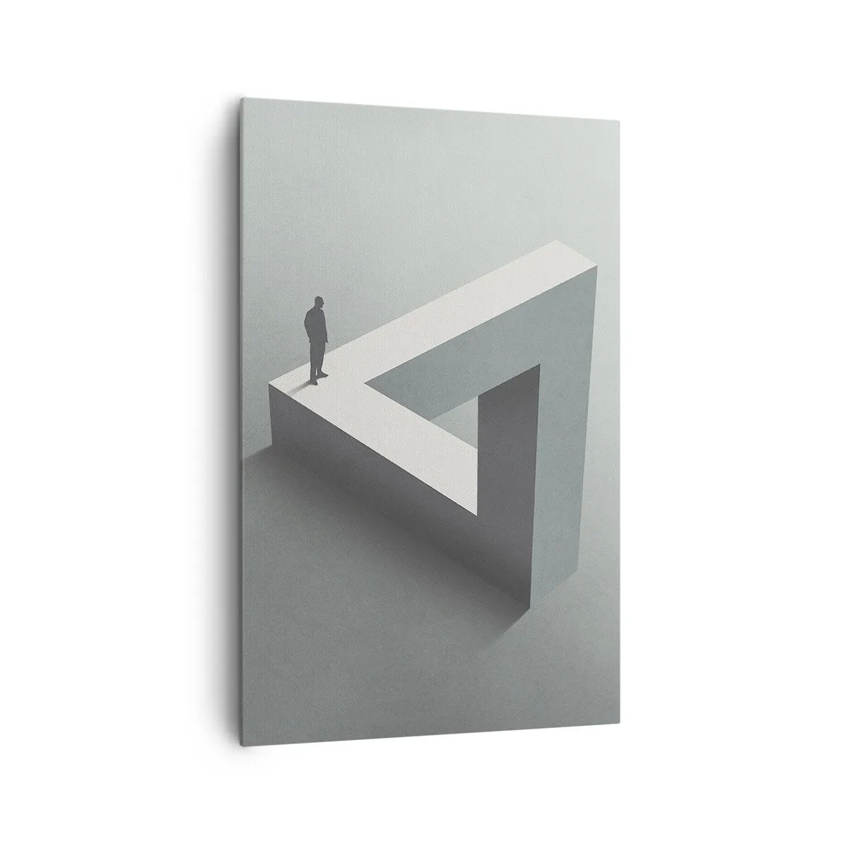 Obraz na płótnie - Postać stojąca na trójkącie Penrose’a w szarościach - 80x120cm - A jednak możliwe - Nowoczesna dekoracja ścienna do salonu i sypialni ARTTOR