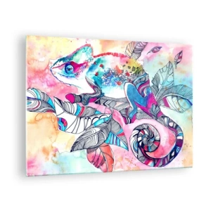Obraz na szkle - Kolorowy chameleon wśród liści w stylu akwarelowym - 70x50cm - Kolorowy jak nasz świat - Nowoczesna dekoracja ścienna do salonu i sypialni ARTTOR