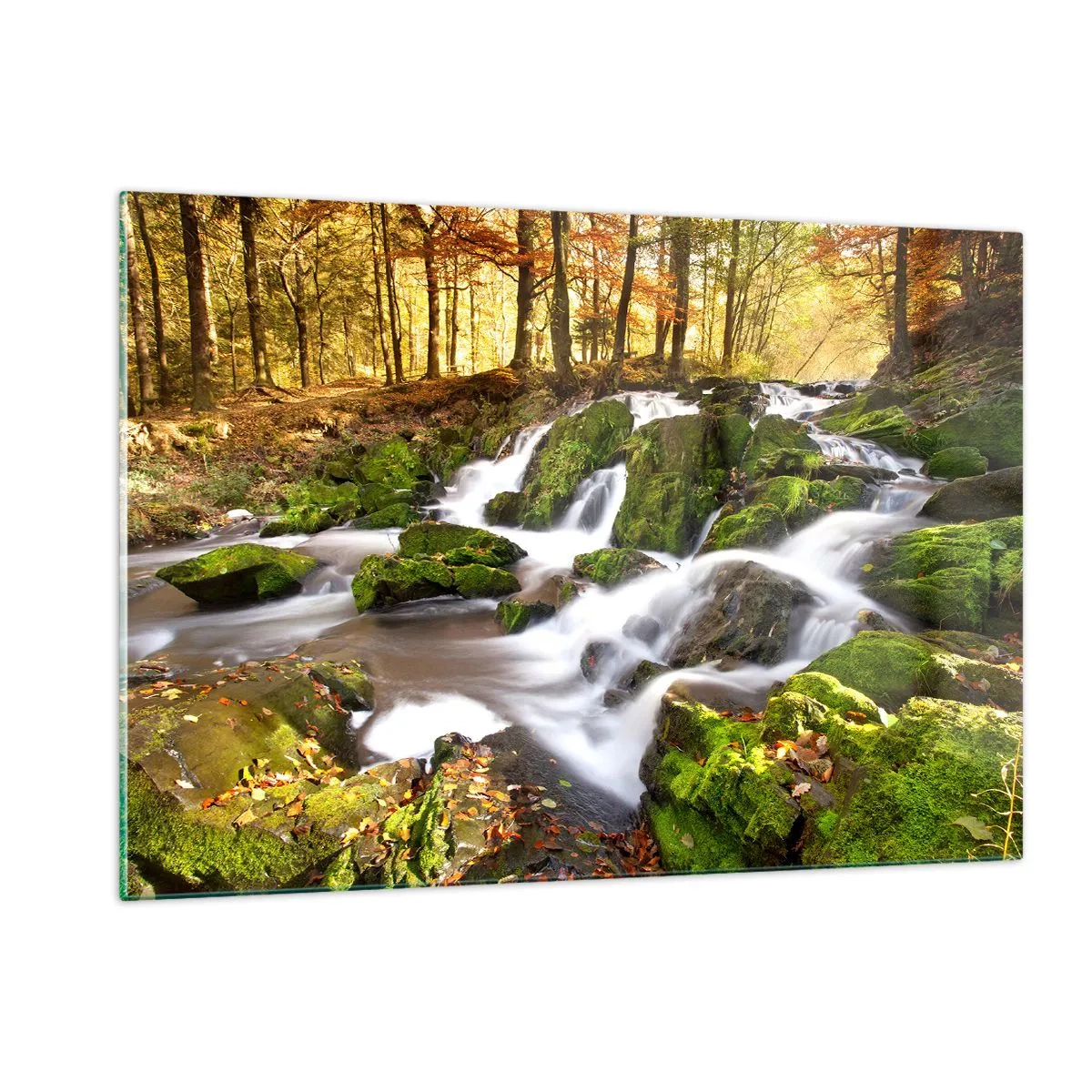 Obraz na szkle - Leśny strumień z wodospadami w jesiennym krajobrazie - 120x80cm - Bystro przez jesienny las - Nowoczesna dekoracja ścienna do salonu, kuchni i sypialni ARTTOR