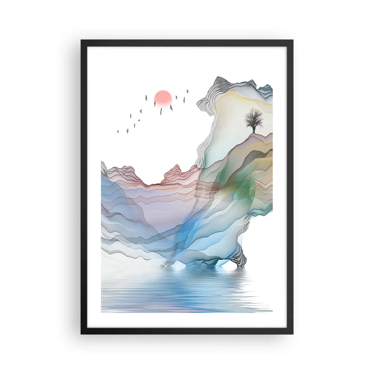 Plakat w czarnej ramie - Kolorowe, warstwowe góry nad spokojnym jeziorem z drzewem - 50x70cm - Ku kryształowym górom - Nowoczesna dekoracja ścienna do salonu i sypialni ARTTOR