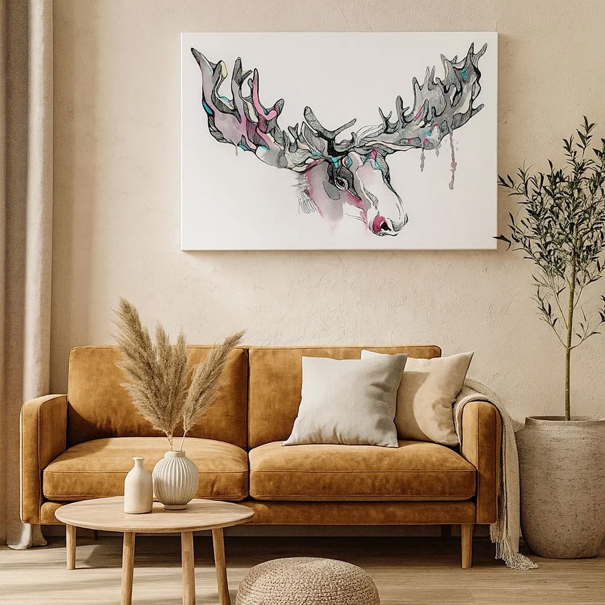 Obraz na płótnie - Artystyczna akwarela łosia z bogatymi porożami - 70x50cm - Korona króla lasu - Nowoczesna dekoracja ścienna do salonu i sypialni ARTTOR