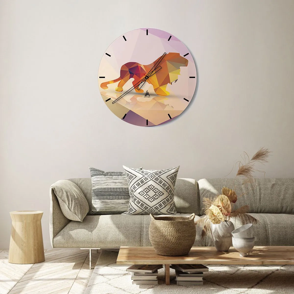 Zegar ścienny - Geometryczny lew w odcieniach żółci i fioletu - 30x30cm - Diamentowy król - Nowoczesna dekoracja ścienna do salonu, kuchni i sypialni ARTTOR