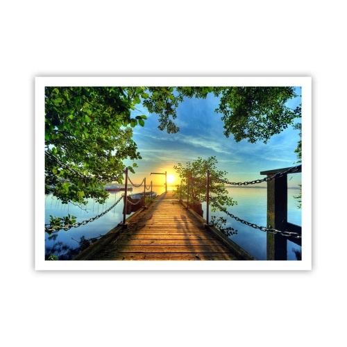 Plakat - Pomost nad jeziorem w promieniach zachodu słońca - 100x70cm - Zachód nad wodą - Nowoczesna dekoracja ścienna do salonu i sypialni ARTTOR