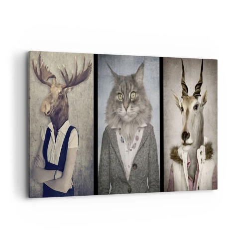 Obraz na płótnie - Tryptyk z postaciami zwierząt w eleganckich ubraniach na stylizowanym tle - 120x80cm - Futra znów w modzie - Nowoczesna dekoracja ścienna do salonu, kuchni i sypialni ARTTOR