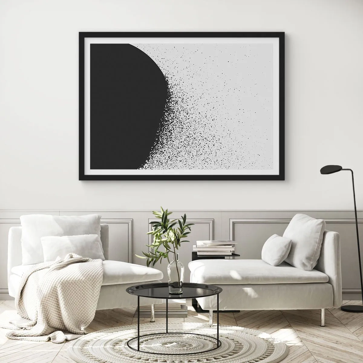 Plakat w czarnej ramie - Abstrakcyjny wzór z czarnymi cząstkami na jasnym tle - 70x50cm - Ruch cząsteczek - Nowoczesna dekoracja ścienna do salonu i sypialni ARTTOR