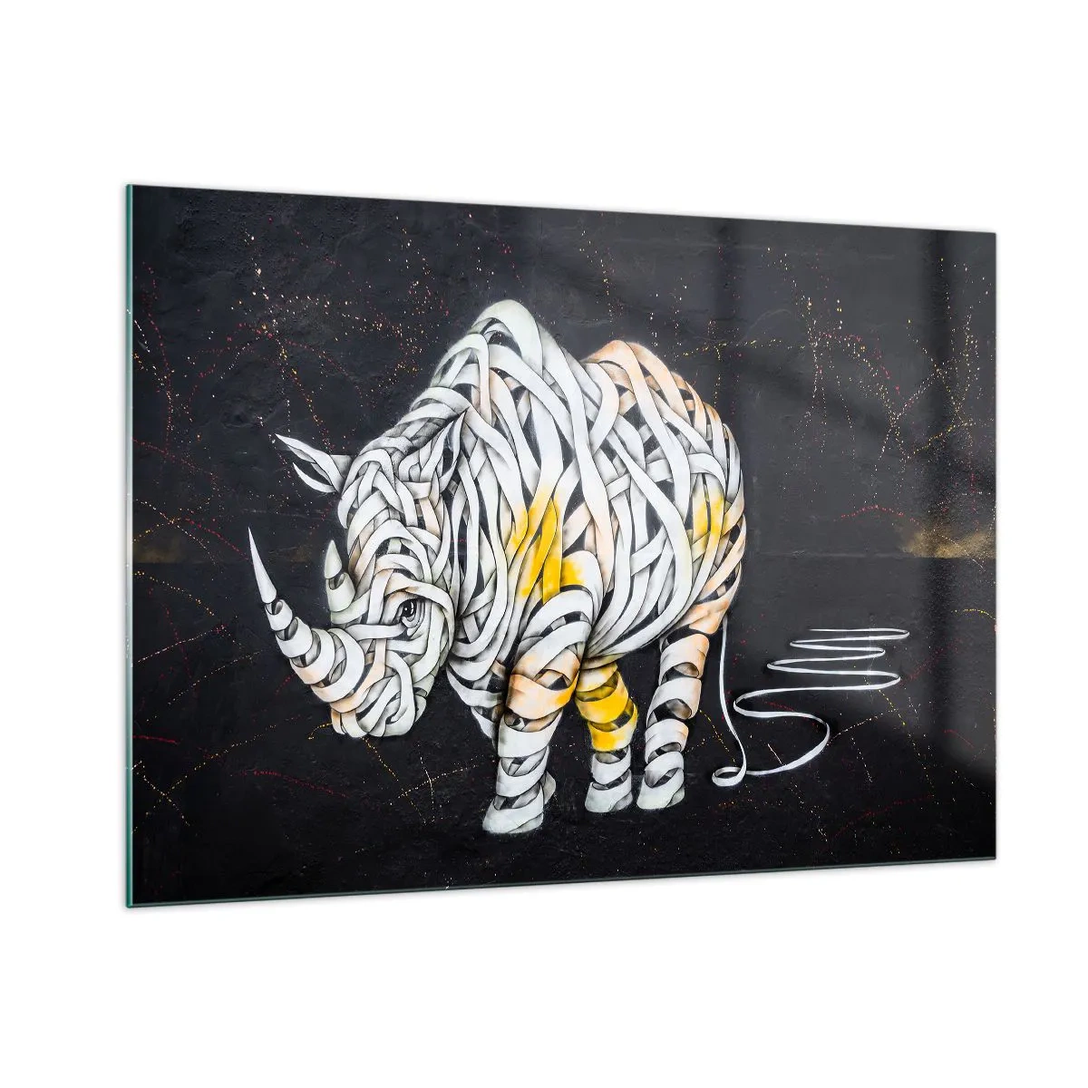 Obraz na szkle - Abstrakcyjny rysunek nosorożca w formie pasków - 100x70cm - Gruboskórność to mit - Nowoczesna dekoracja ścienna do salonu, kuchni i sypialni ARTTOR