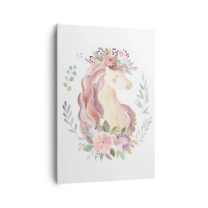 Obraz na płótnie - Jednorożec w pastelowych kolorach otoczony kwiatami - 70x100cm - Zaproszenie do świata baśni - Nowoczesna dekoracja ścienna do salonu i sypialni ARTTOR