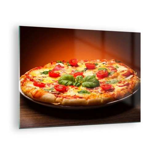Obraz na szkle - Pizza z pomidorami, bazylią i roztopionym serem - 70x50cm - Mamma mia! - Nowoczesna dekoracja ścienna do salonu i sypialni ARTTOR