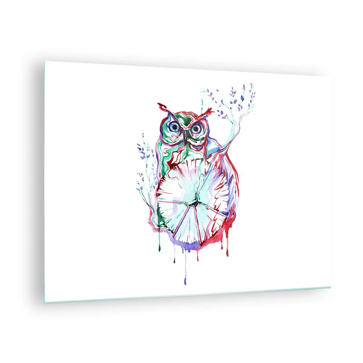 Obraz na szkle - Abstrakcyjna sowa w kolorowej akwarelowej kompozycji - 70x50cm - Mądra z natury - Nowoczesna dekoracja ścienna do salonu i sypialni ARTTOR