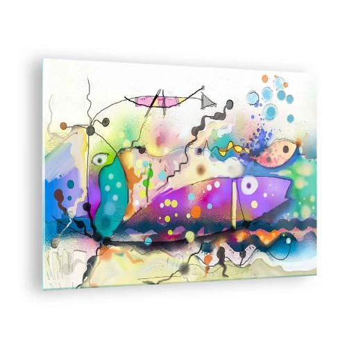Obraz na szkle - Abstrakcyjna kompozycja z kolorowymi kształtami i liniami - 70x50cm - Brak słów! - Nowoczesna dekoracja ścienna do salonu i sypialni ARTTOR