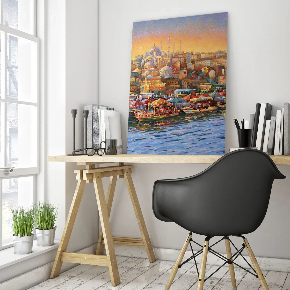 Obraz na szkle - Kolorowy port z łodziami i panoramą miasta o zachodzie słońca - 50x70cm - Stambulska opowieść - Nowoczesna dekoracja ścienna do salonu, kuchni i sypialni ARTTOR