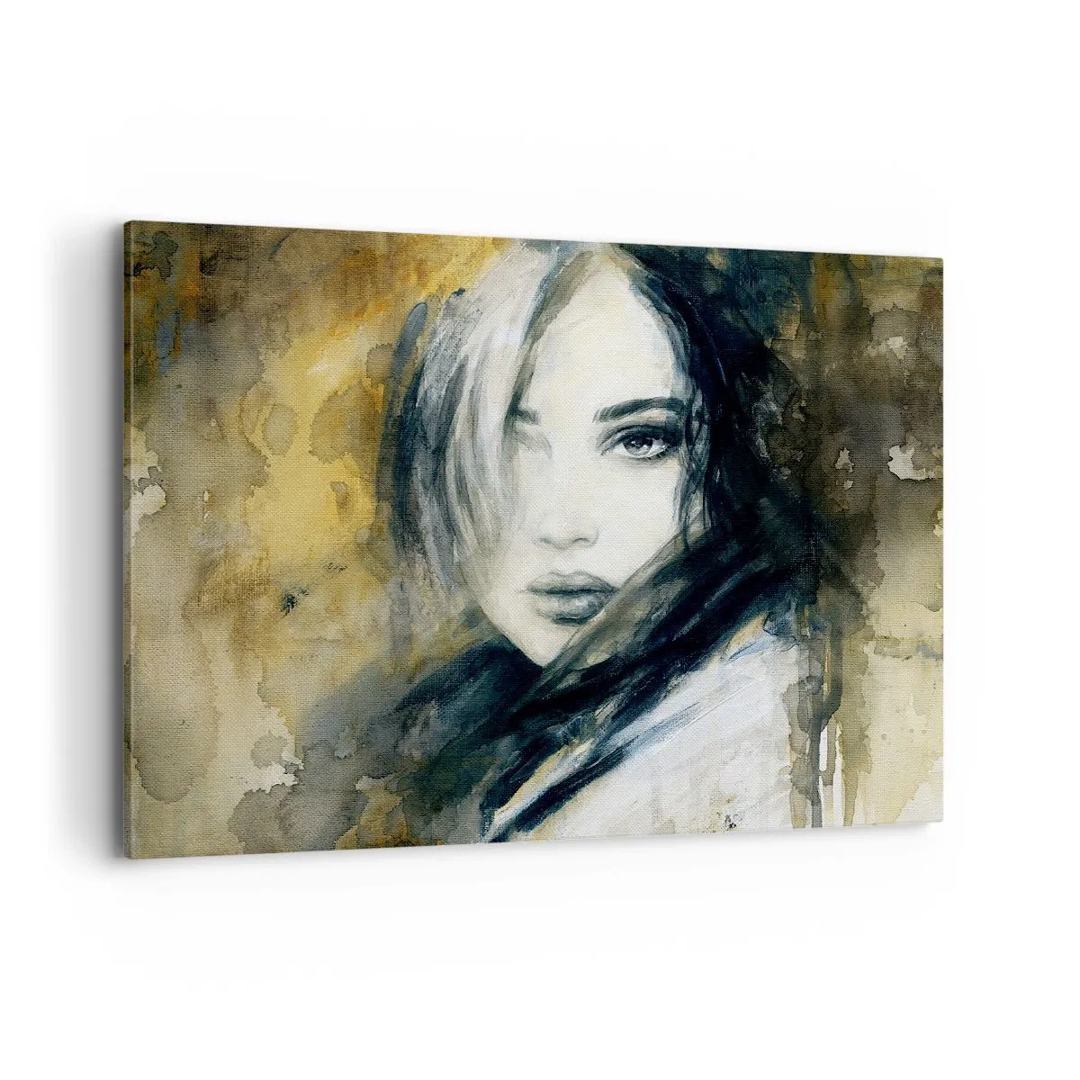 Obraz na płótnie - Portret kobiety na tle abstrakcyjnych plam w odcieniach beżu - 100x70cm - bardziej niewinna czy zmysłowa? - Nowoczesna dekoracja ścienna do salonu, kuchni i sypialni ARTTOR