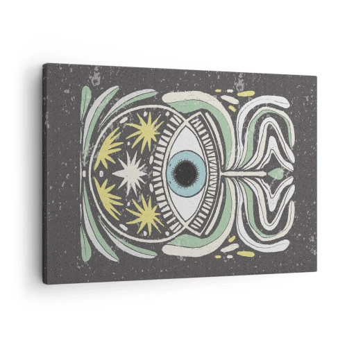 Obraz na płótnie - Symboliczne oko w otoczeniu abstrakcyjnych wzorów - 70x50cm - Plemienne rytuały - Nowoczesna dekoracja ścienna do salonu i sypialni ARTTOR