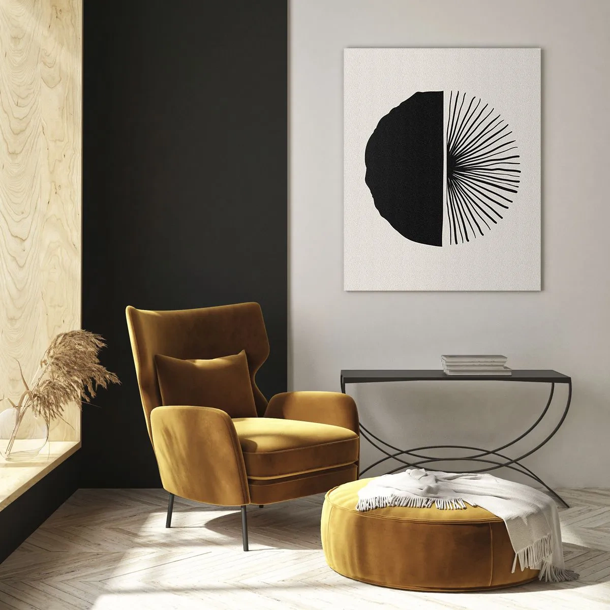 Obraz na szkle - Czarna geometryczna forma z wachlarzem linii na kremowym tle - 50x70cm - Wachlarz możliwości - Nowoczesna dekoracja ścienna do salonu, kuchni i sypialni ARTTOR