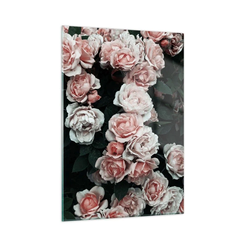 Obraz na szkle - Bukiet różowych róż na ciemnym tle w zbliżeniu - 50x70cm - Różany ansamble - Nowoczesna dekoracja ścienna do salonu, kuchni i sypialni ARTTOR