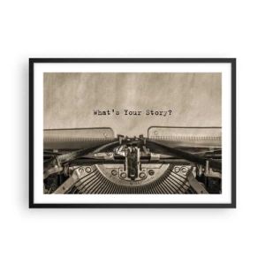 Plakat w czarnej ramie - Maszyna do pisania z napisem What’s Your Story? - 70x50cm - Opowiedz mi - Nowoczesna dekoracja ścienna do salonu i sypialni ARTTOR