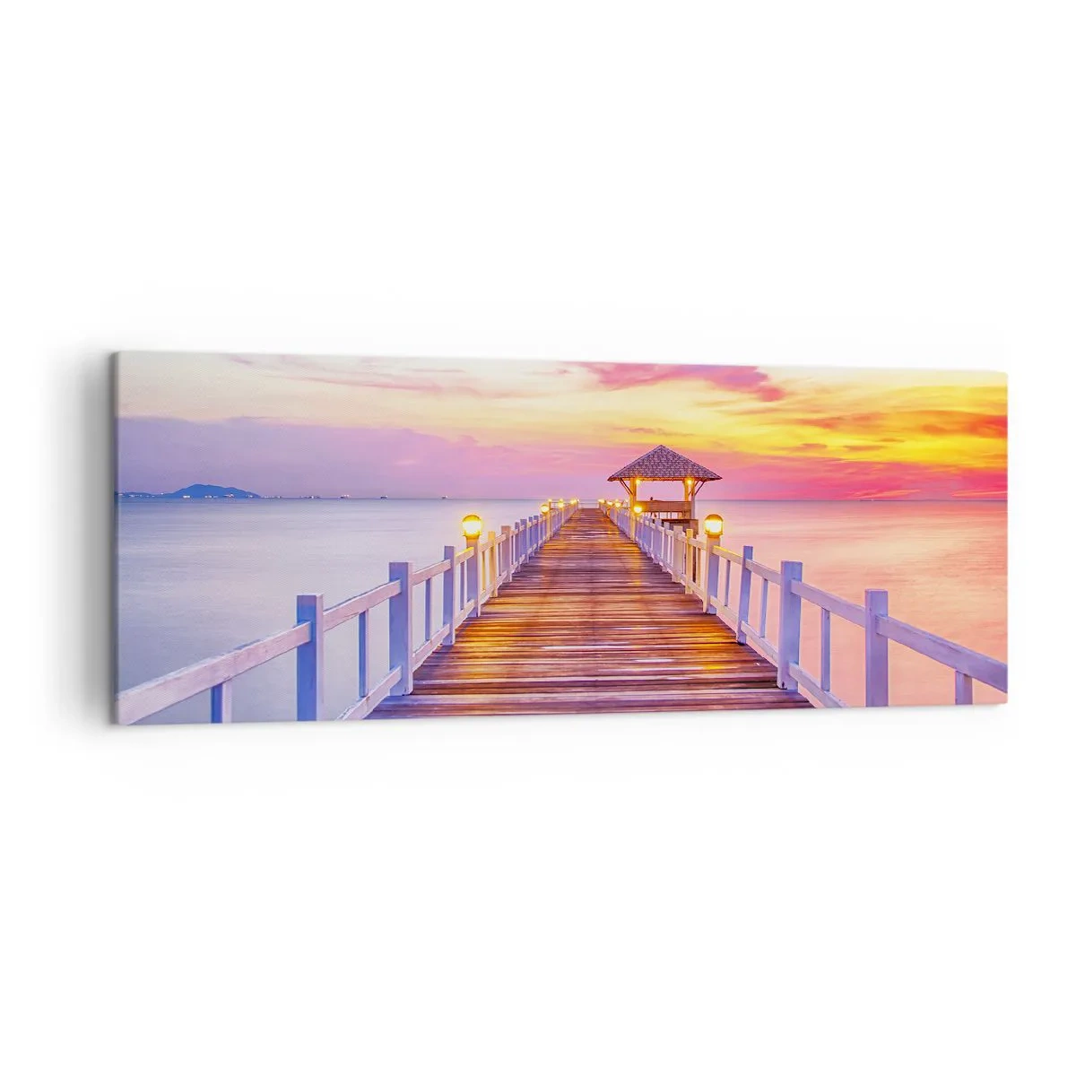 Obraz na płótnie - Pomost nad wodą o zachodzie słońca w pastelowych barwach - 140x50cm - Liliowo-złota cisza wieczoru - Nowoczesna dekoracja ścienna do salonu i sypialni ARTTOR