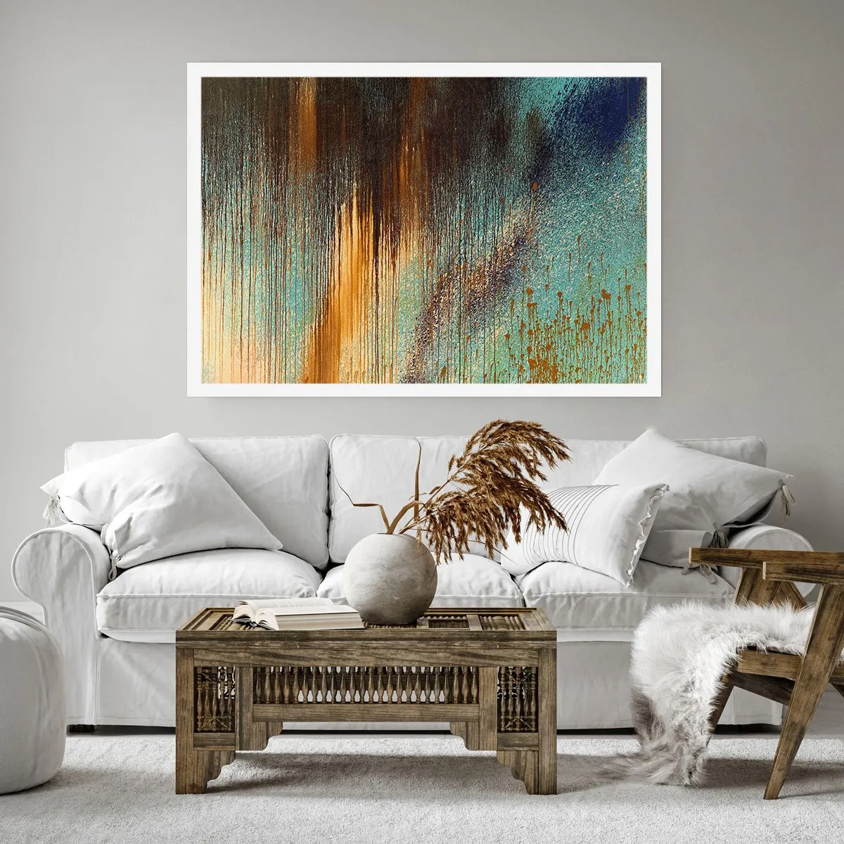 Plakat - Abstrakcyjna kompozycja barw w odcieniach złota, brązu i błękitu - 100x70cm - Nieprzypadkowa barwna kompozycja - Nowoczesna dekoracja ścienna do salonu i sypialni ARTTOR