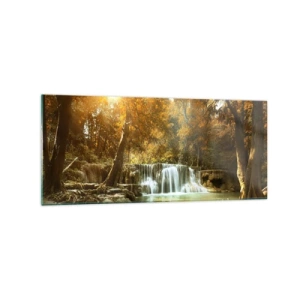 Obraz na szkle - Jesienny krajobraz z wodospadem - 120x50cm - Parkowa kaskada - Nowoczesna dekoracja ścienna do salonu i sypialni ARTTOR