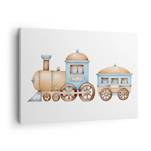 Obraz na płótnie - Rysunek pociągu w pastelowych odcieniach na białym tle - 70x50cm - Stoi na stacji... - Nowoczesna dekoracja ścienna do salonu i sypialni ARTTOR