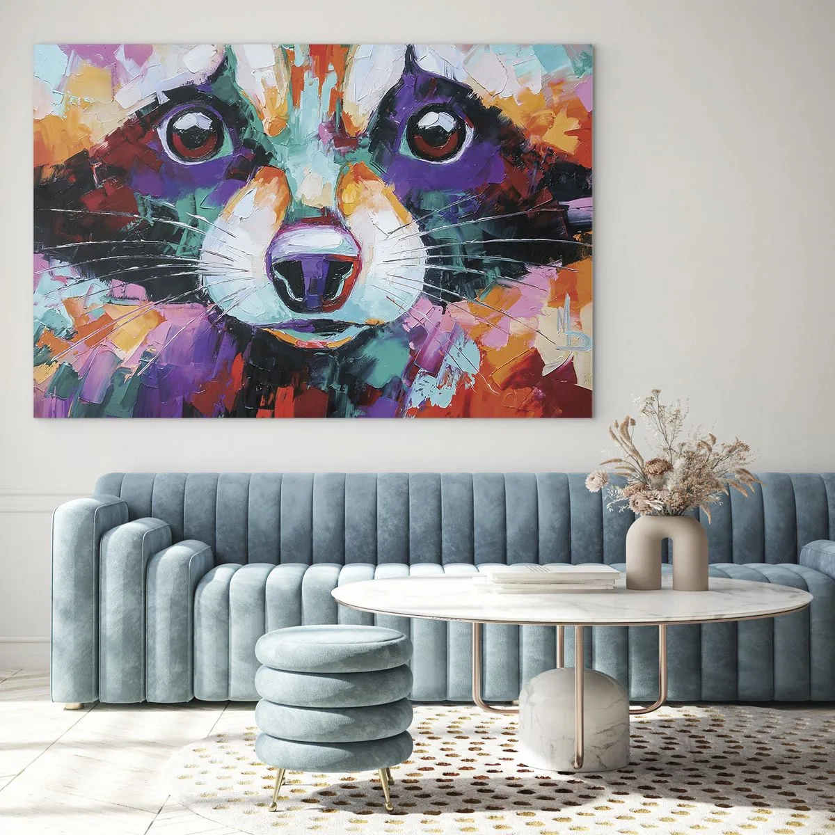 Obraz na szkle - A vibrant and colorful portrait of a raccoon painted in bold brushstrokes - 100x70cm - Tylko dobre emocje - Nowoczesna dekoracja ścienna do salonu, kuchni i sypialni ARTTOR