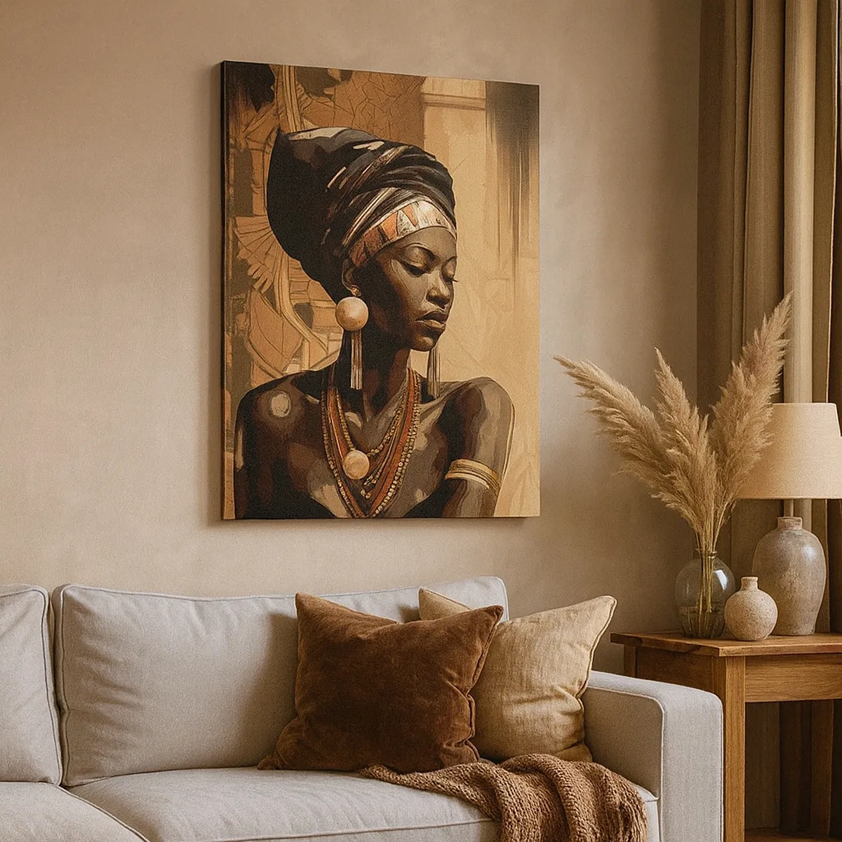 Obraz na płótnie - Portret kobiety w tradycyjnym afrykańskim nakryciu głowy i biżuterii w ciepłych barwach - 50x70cm - Afrykański majestat - Nowoczesna dekoracja ścienna do salonu, kuchni i sypialni ARTTOR