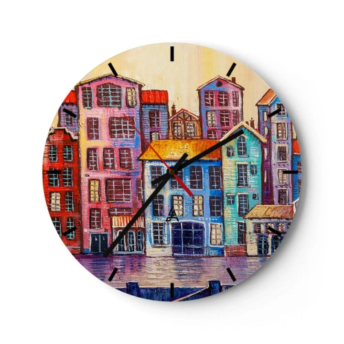 Zegar ścienny - Kolorowe kamienice odbijające się w wodzie w stylu impresjonistycznym - 30x30cm - Miasto jak z bajki - Nowoczesna dekoracja ścienna do salonu, kuchni i sypialni ARTTOR