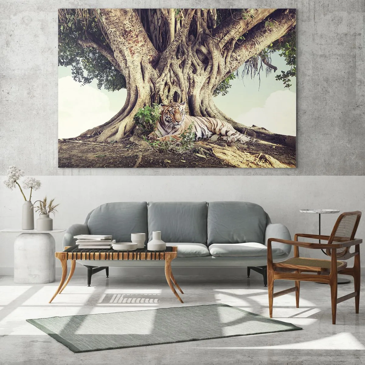 Obraz na szkle - Tygrys leżący pod rozłożystym drzewem w dżungli - 120x80cm - Widok z Księgi Rodzaju - Nowoczesna dekoracja ścienna do salonu, kuchni i sypialni ARTTOR