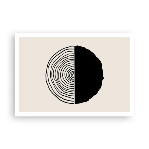 Plakat - Abstrakcyjny czarno-biały motyw inspirowany przekrojem drewna z geometrycznym podziałem - 100x70cm - Pół na pół - Nowoczesna dekoracja ścienna do salonu i sypialni ARTTOR