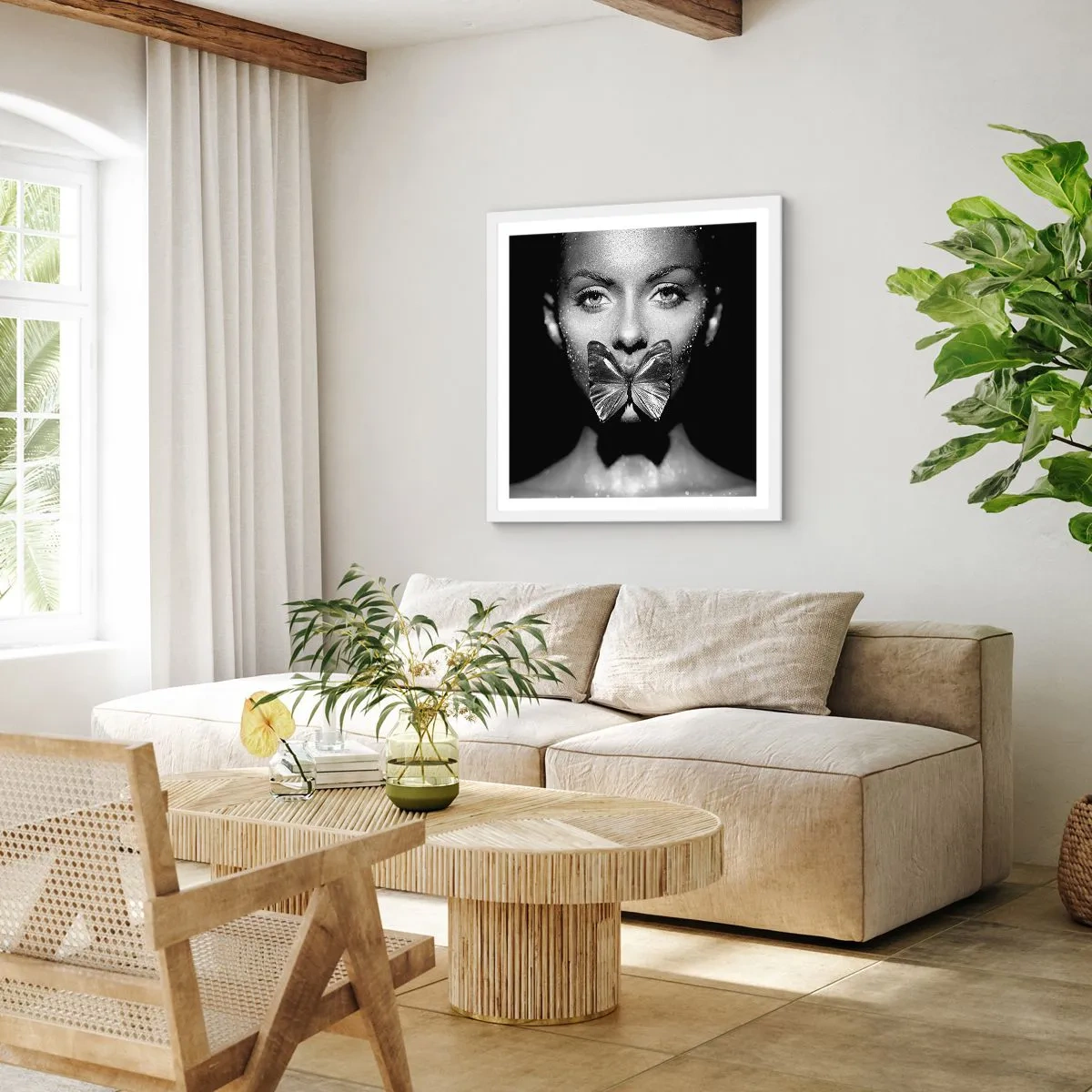 Plakat w białej ramie - Motyli pocałunek - 50x50 cm