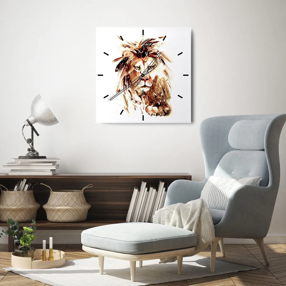 Zegar ścienny - Portret lwa w stylu akwarelowym z intensywnymi detalami - 30x30cm - Siła i godność - Nowoczesna dekoracja ścienna do salonu i sypialni ARTTOR