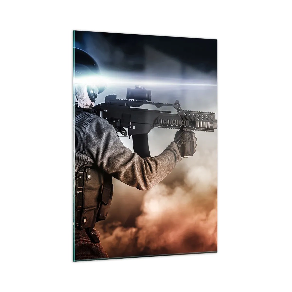 Obraz na szkle - Żołnierz w akcji strzelający z karabinu na tle dymu - 50x70cm - Po prostu bohater - Nowoczesna dekoracja ścienna do salonu, kuchni i sypialni ARTTOR