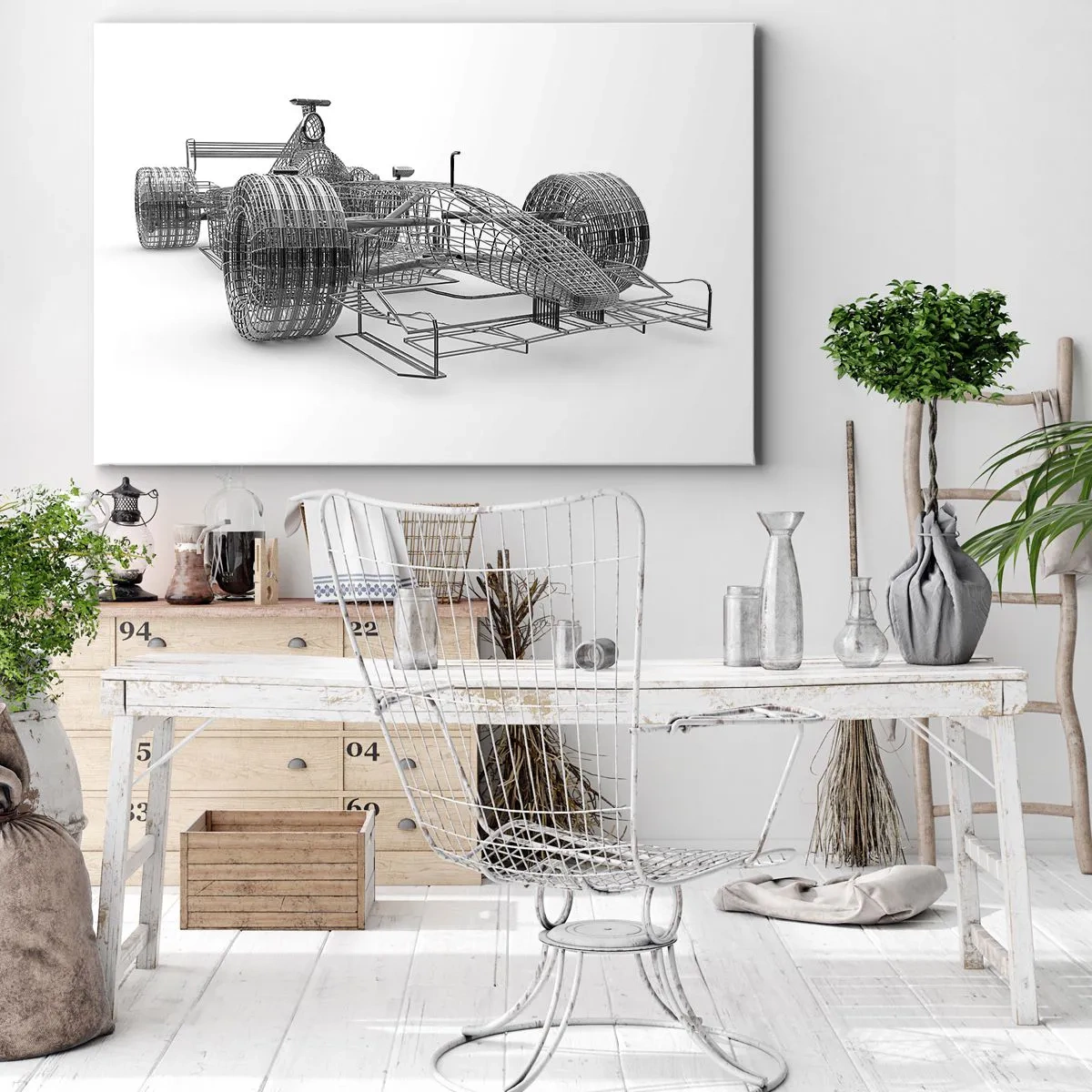 Obraz na płótnie - Szkic konstrukcyjny samochodu wyścigowego na jasnym tle - 70x50cm - Idealna konstrukcja - idea pędu - Nowoczesna dekoracja ścienna do salonu i sypialni ARTTOR