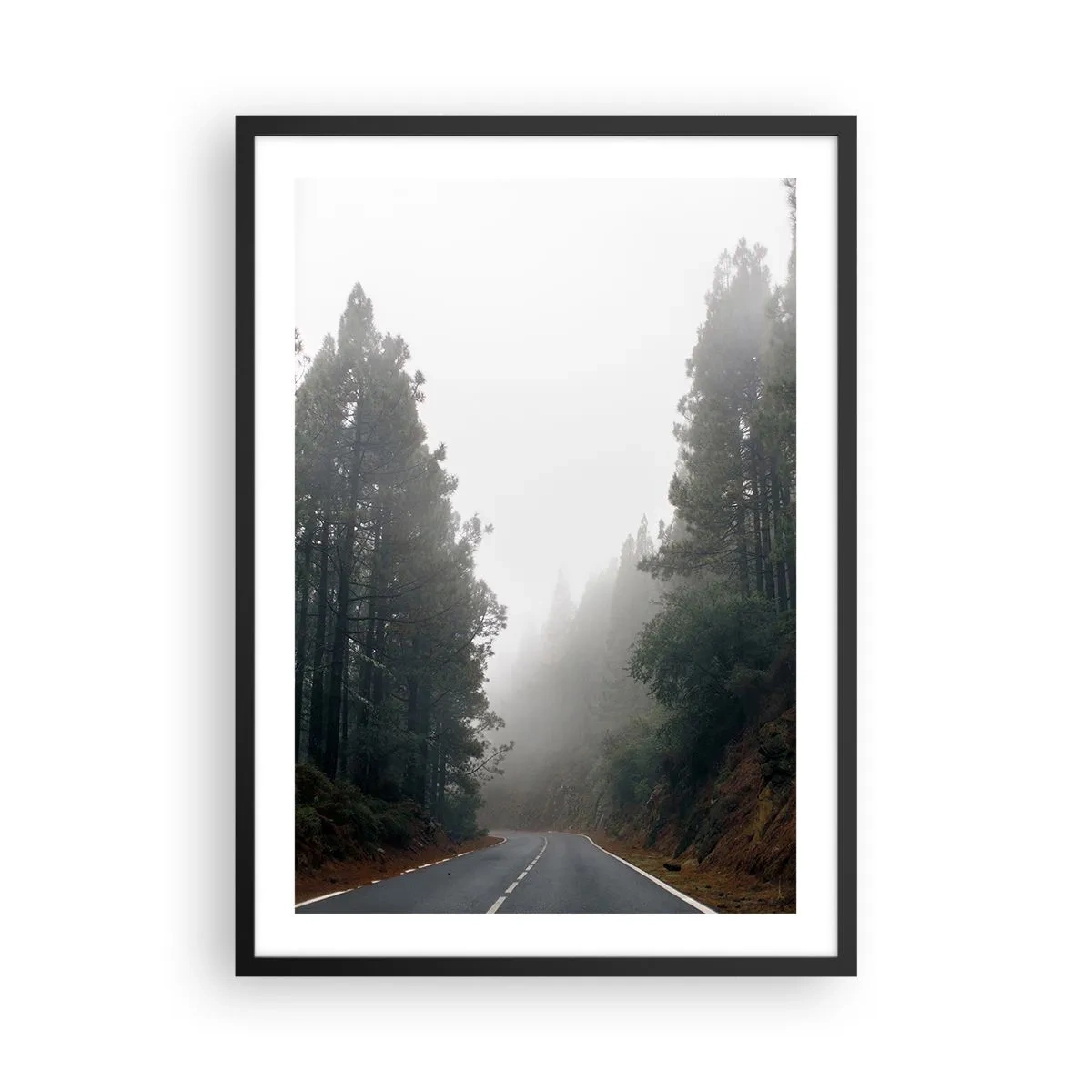 Plakat w czarnej ramie - Kręta droga wśród drzew spowita mgłą - 50x70cm - Opowieść magicznego lasu - Nowoczesna dekoracja ścienna do salonu i sypialni ARTTOR