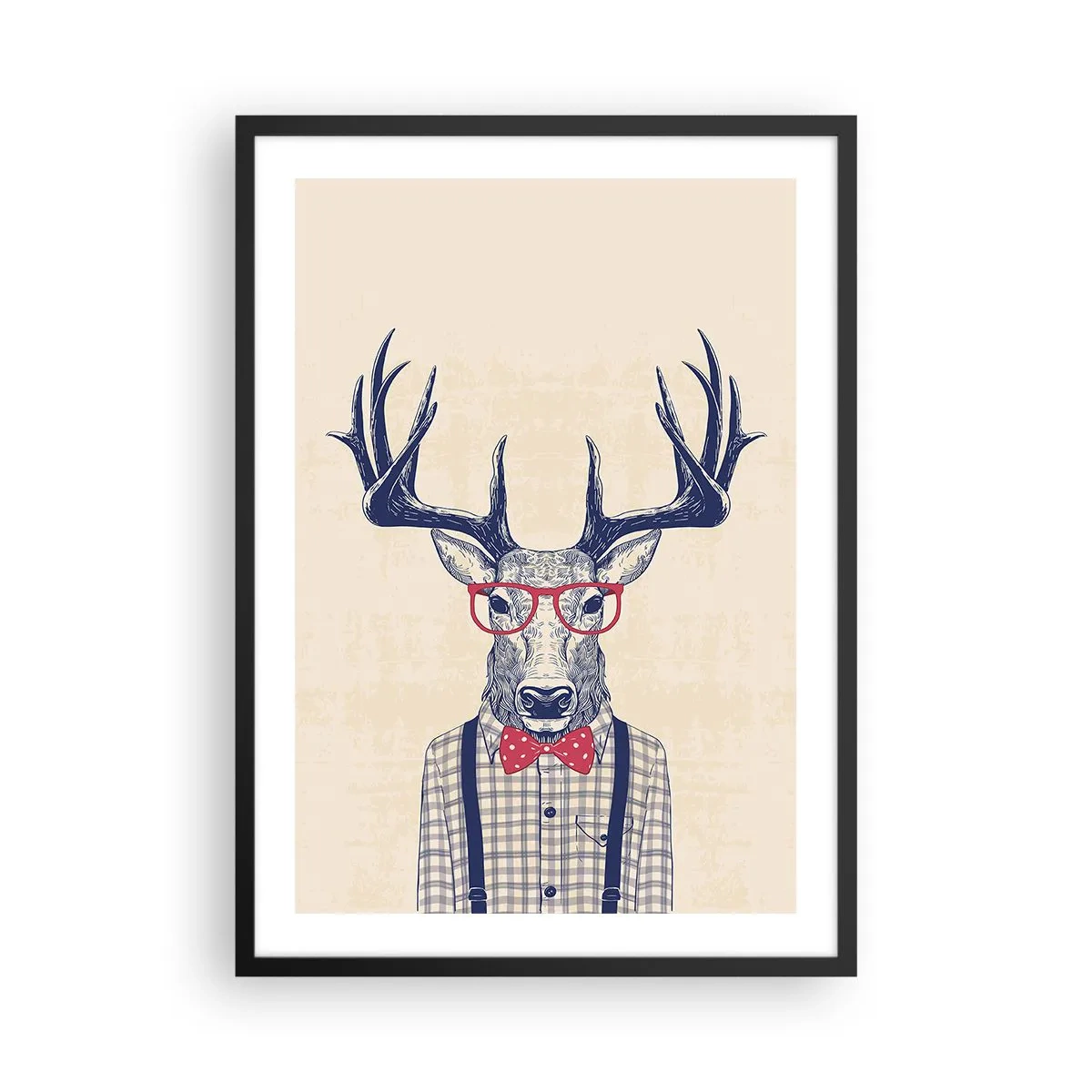 Plakat w czarnej ramie - Stylowy jeleń w okularach i muszce na beżowym tle - 50x70cm - Zabawna ekstrawagancja - Nowoczesna dekoracja ścienna do salonu i sypialni ARTTOR