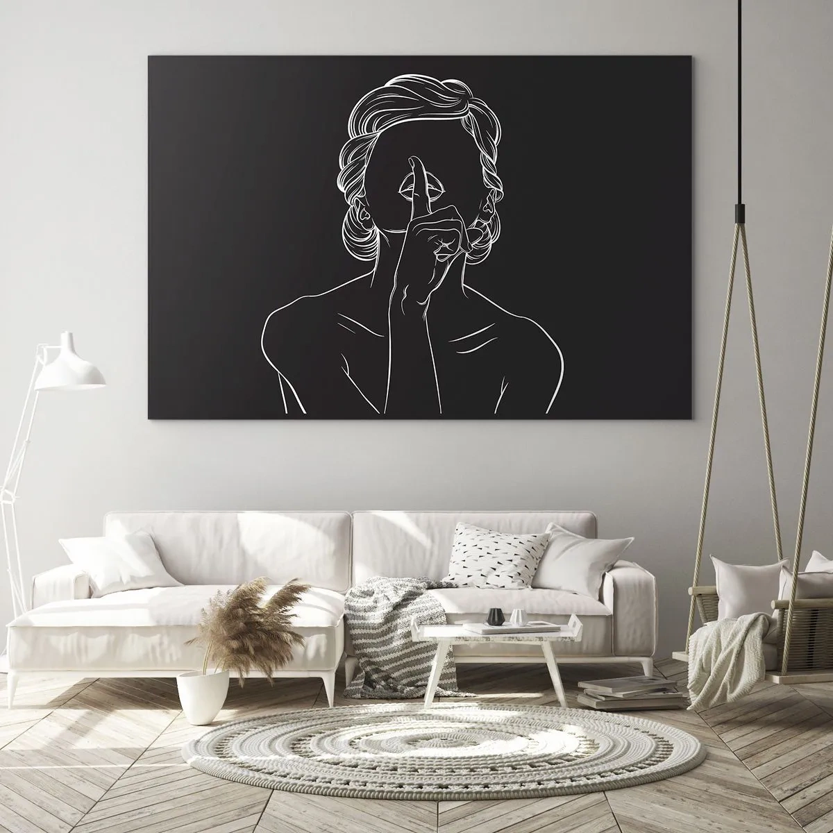 Obraz na szkle - Minimalistyczna sylwetka kobiety z gestem ciszy - 70x50cm - Piękno rozkwita w ciszy - Nowoczesna dekoracja ścienna do salonu i sypialni ARTTOR
