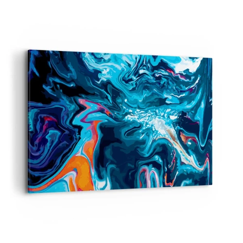 Obraz na płótnie - Abstrakcyjny wzór w odcieniach niebieskiego z akcentami pomarańczu - 120x80cm - Podróż do wnętrza nieba - Nowoczesna dekoracja ścienna do salonu, kuchni i sypialni ARTTOR