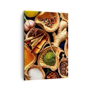 Obraz na płótnie - Mieszanka przypraw i ziół w drewnianych miseczkach - 50x70cm - Bierz, co chcesz - Nowoczesna dekoracja ścienna do salonu, kuchni i sypialni ARTTOR