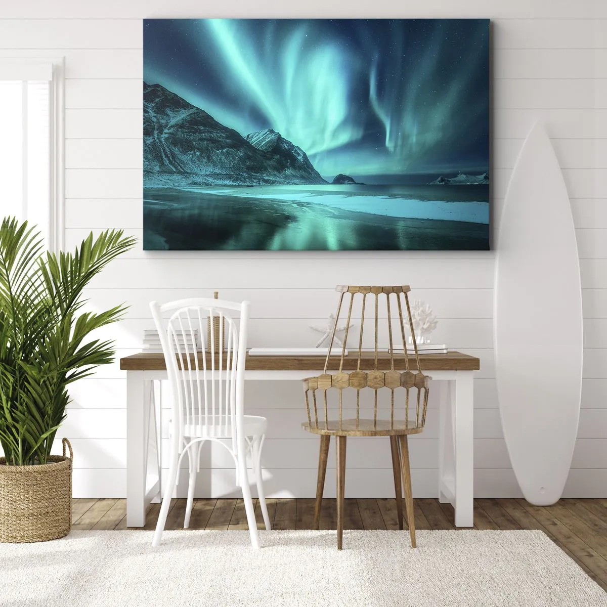 Obraz na płótnie - Zorza polarna nad górskim krajobrazem w zimowej scenerii - 70x50cm - Cuda północy - Nowoczesna dekoracja ścienna do salonu i sypialni ARTTOR