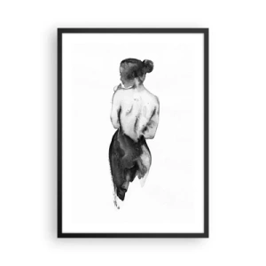 Plakat w czarnej ramie - Sylwetka kobiety w akwarelowej czerni na białym tle - 50x70cm - Przy niej świat znika - Nowoczesna dekoracja ścienna do salonu i sypialni ARTTOR