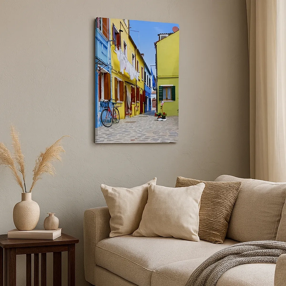 Obraz na płótnie - Kolorowe kamienice w wąskiej uliczce - 50x70cm - Pastelowy, słodki zaułek - Nowoczesna dekoracja ścienna do salonu, kuchni i sypialni ARTTOR