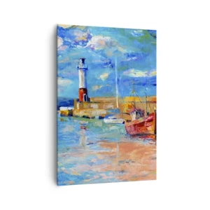 Obraz na płótnie - Port rybacki z łodziami i latarnią morską w jasnych kolorach - 70x100cm - Popołudnie w tęczowej zatoce - Nowoczesna dekoracja ścienna do salonu i sypialni ARTTOR