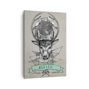 Obraz na płótnie - Geometria jelenia z napisem Wild Life w stylu vintage - 70x100cm - Widzenie św. Hubertusa - Nowoczesna dekoracja ścienna do salonu i sypialni ARTTOR