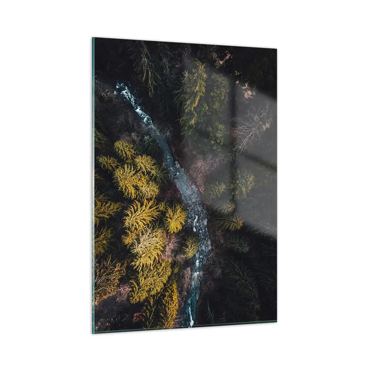 Obraz na szkle - Leśny krajobraz z lotu ptaka i wijącym się strumieniem - 50x70cm - Szybko, coraz szybciej - Nowoczesna dekoracja ścienna do salonu, kuchni i sypialni ARTTOR