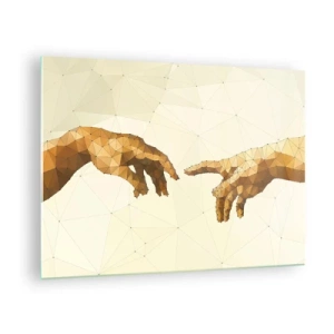 Obraz na szkle - Stylizowana wersja obrazu 'Stworzenie Adama' w technice poligonowej - 70x50cm - Boska geometria - Nowoczesna dekoracja ścienna do salonu i sypialni ARTTOR